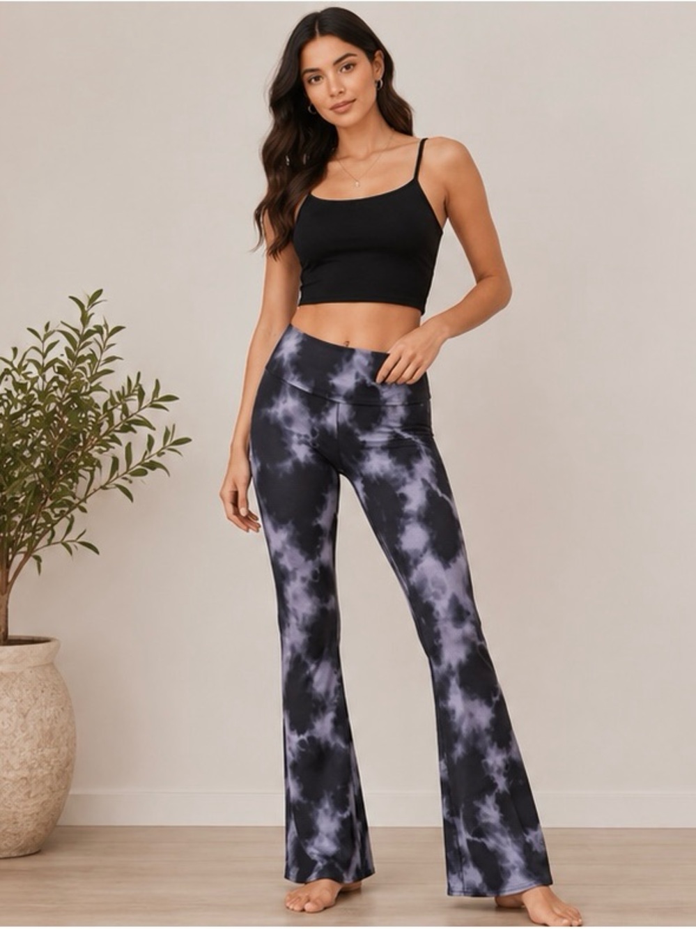 Topshop Petite Tie Dye Flare Yoga Pants US 6 Black Gray Foldover Y2K